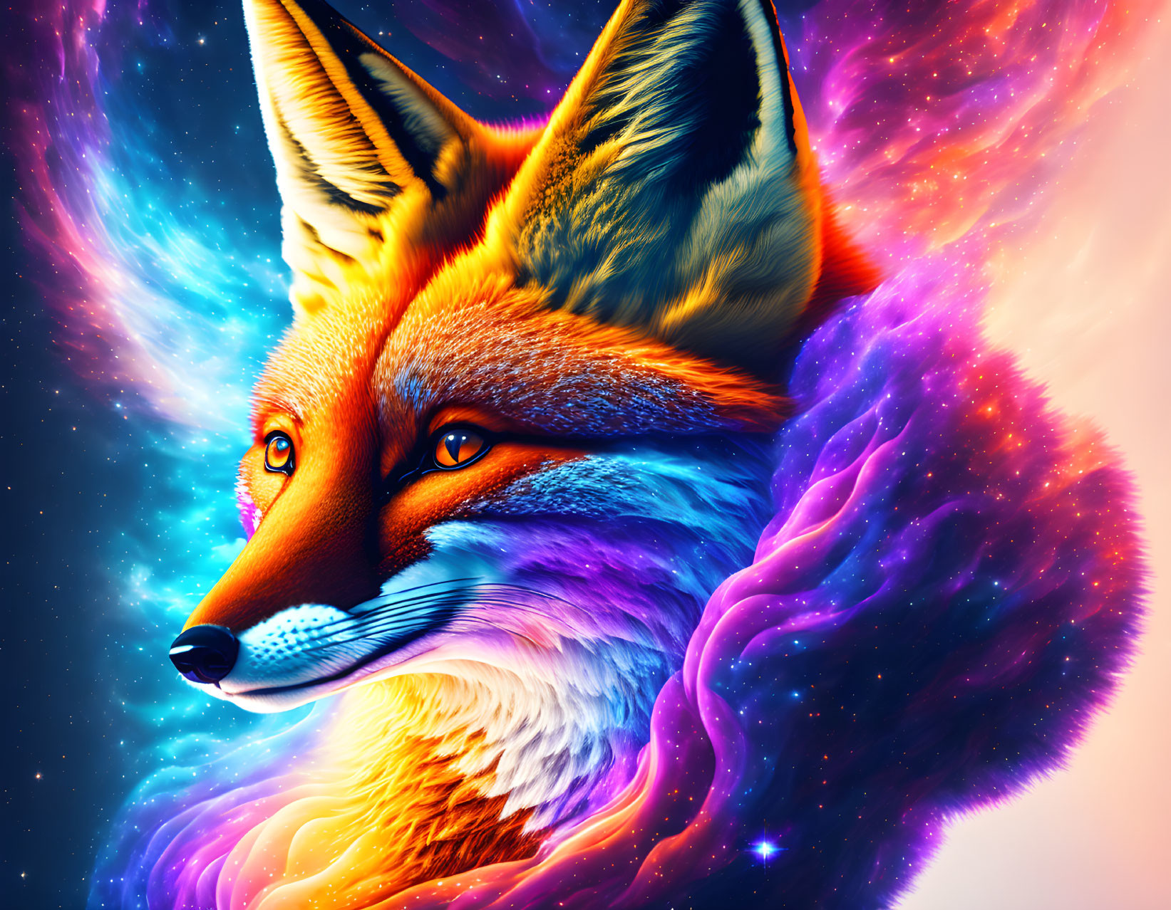 Colorful Fox Illustration with Cosmic Background