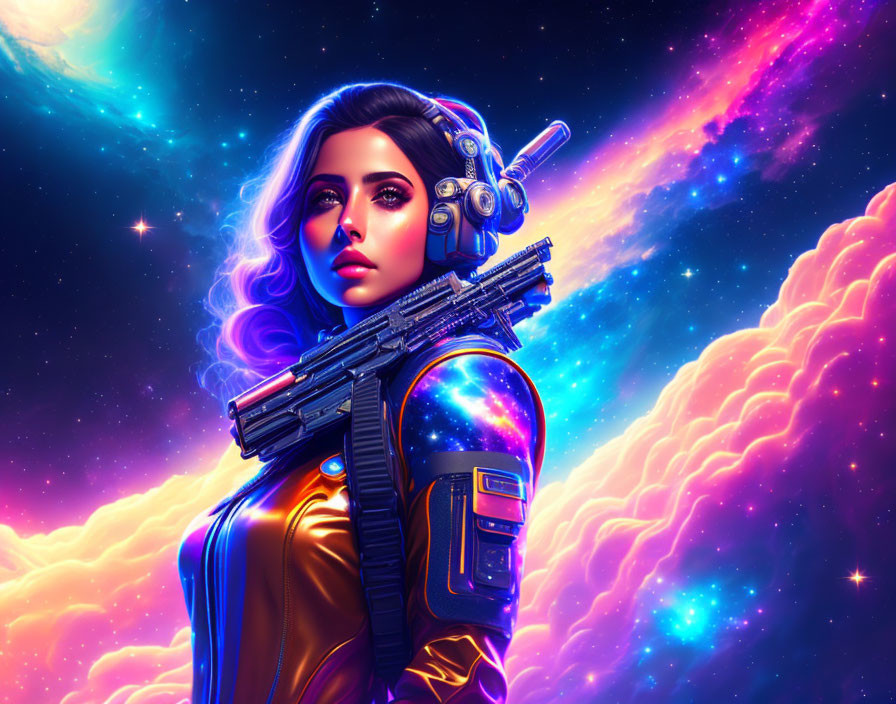 Futuristic woman with weapon in cosmic digital art