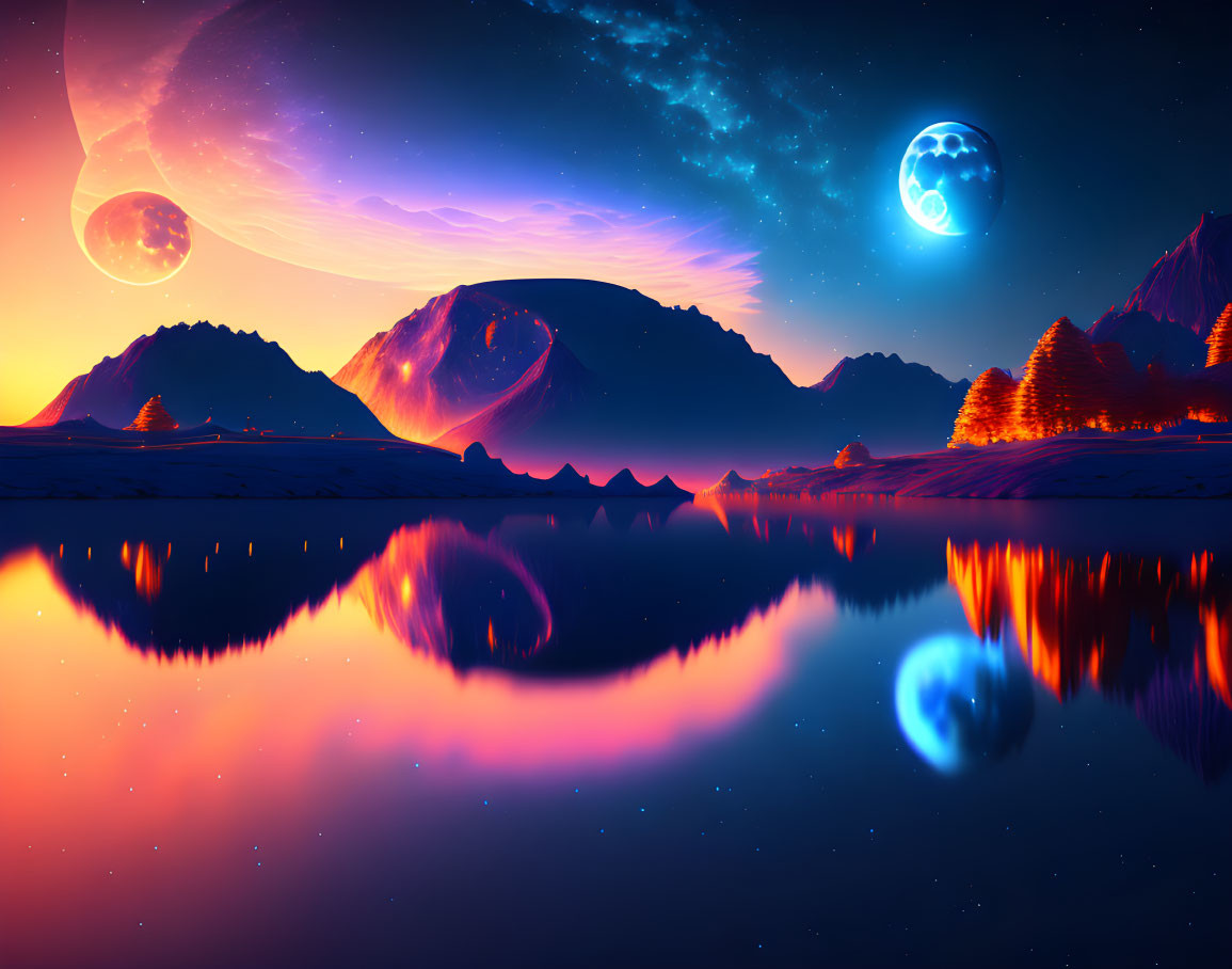 Digital Art: Vibrant Landscape with Mountains, Lake, Trees, and Moons