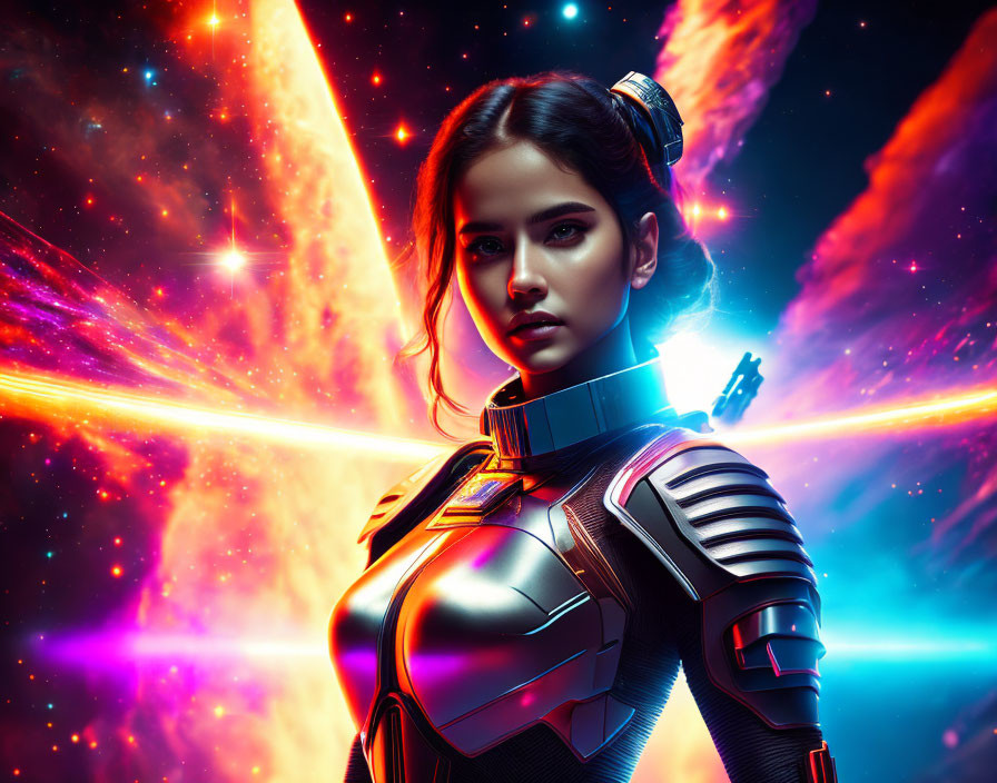 Female warrior in futuristic armor with intense gaze in cosmic setting