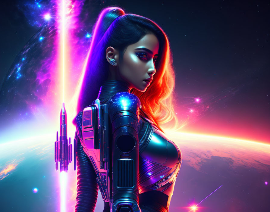 Futuristic female android in sleek armor against cosmic backdrop