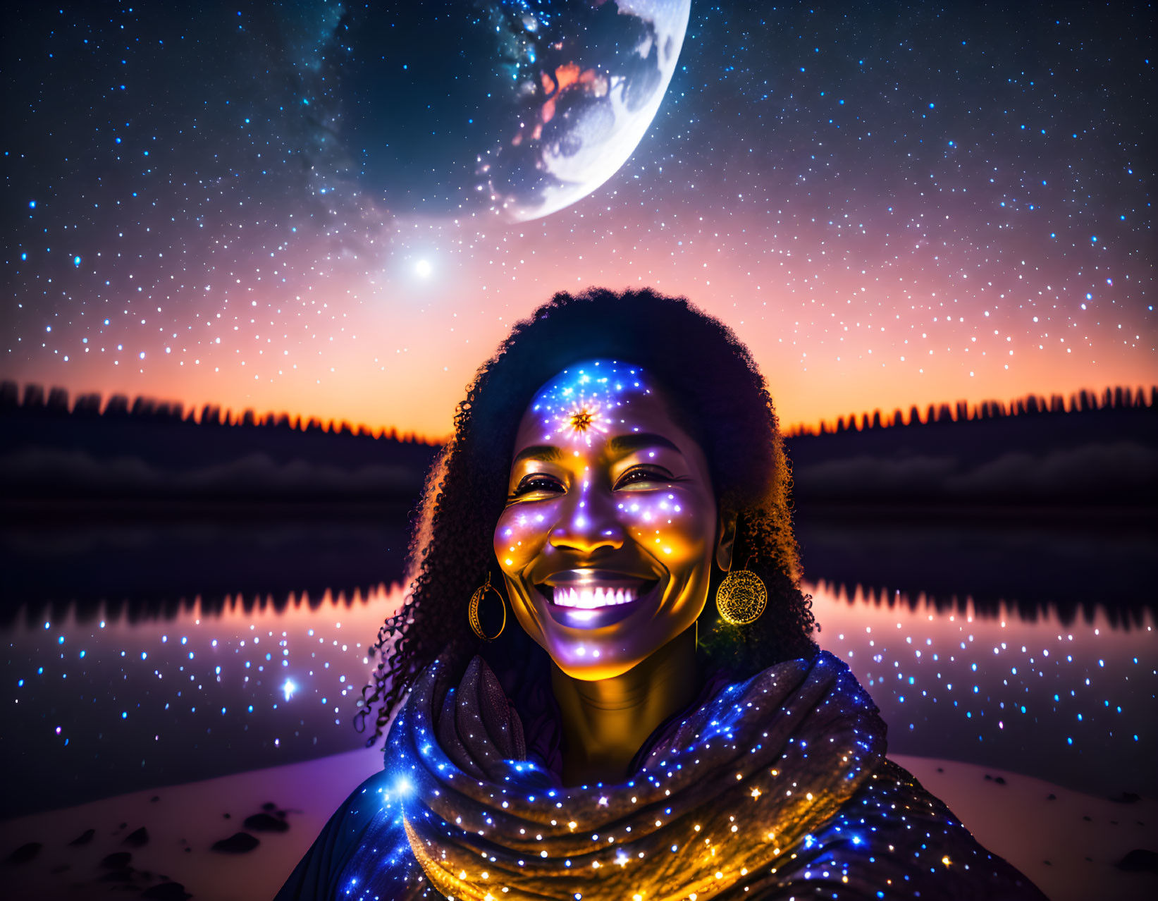 Smiling woman with cosmic face paint by serene lake