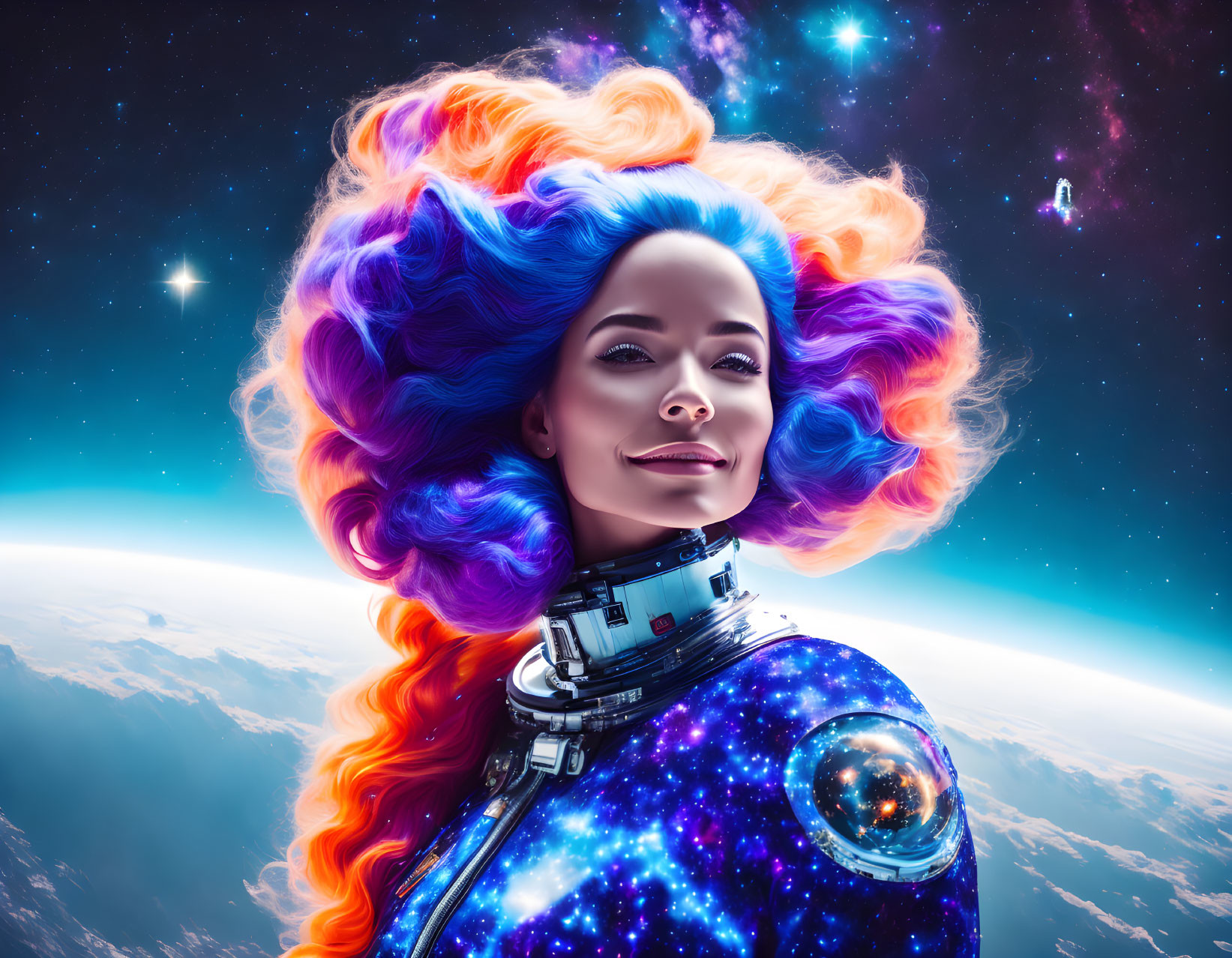 Digital artwork: Woman with galaxy-themed hair in space wearing spacesuit