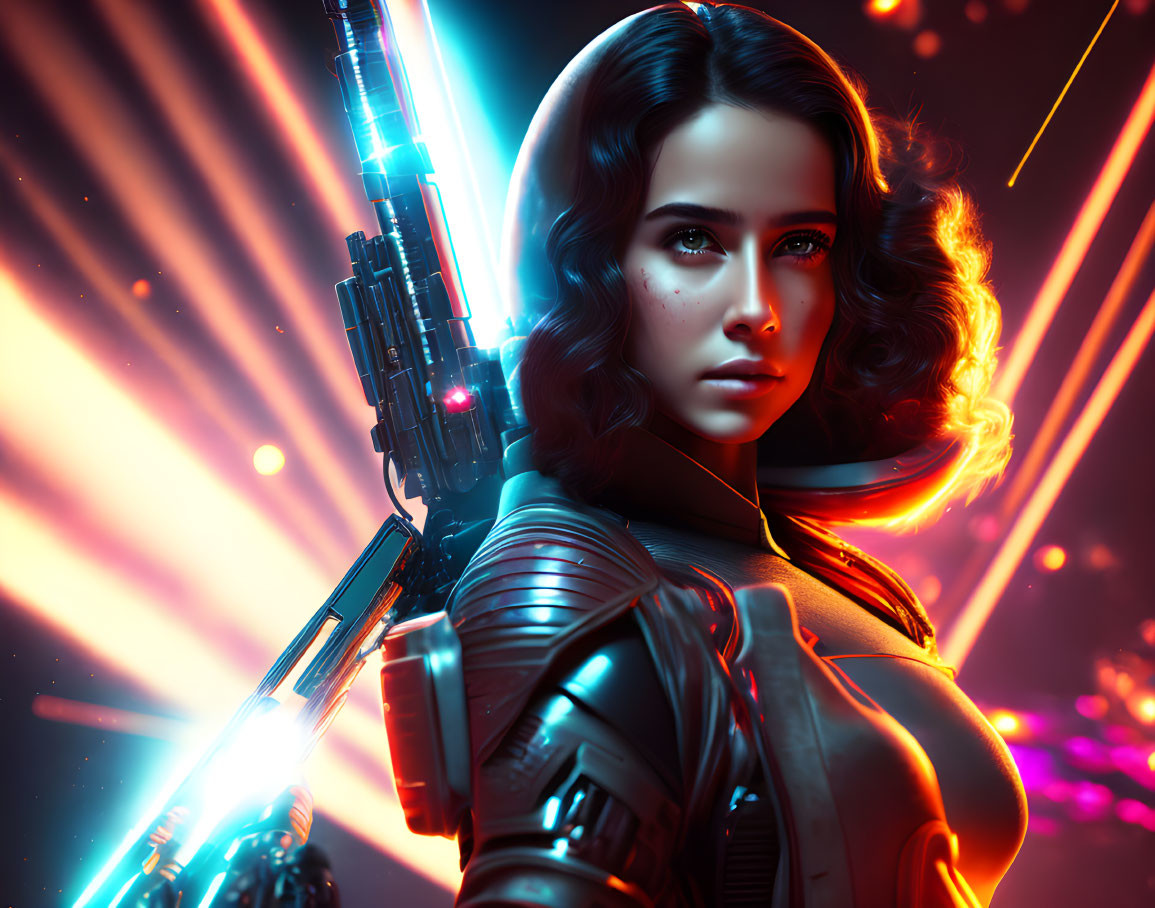 Serious female warrior with glowing weapon in futuristic setting