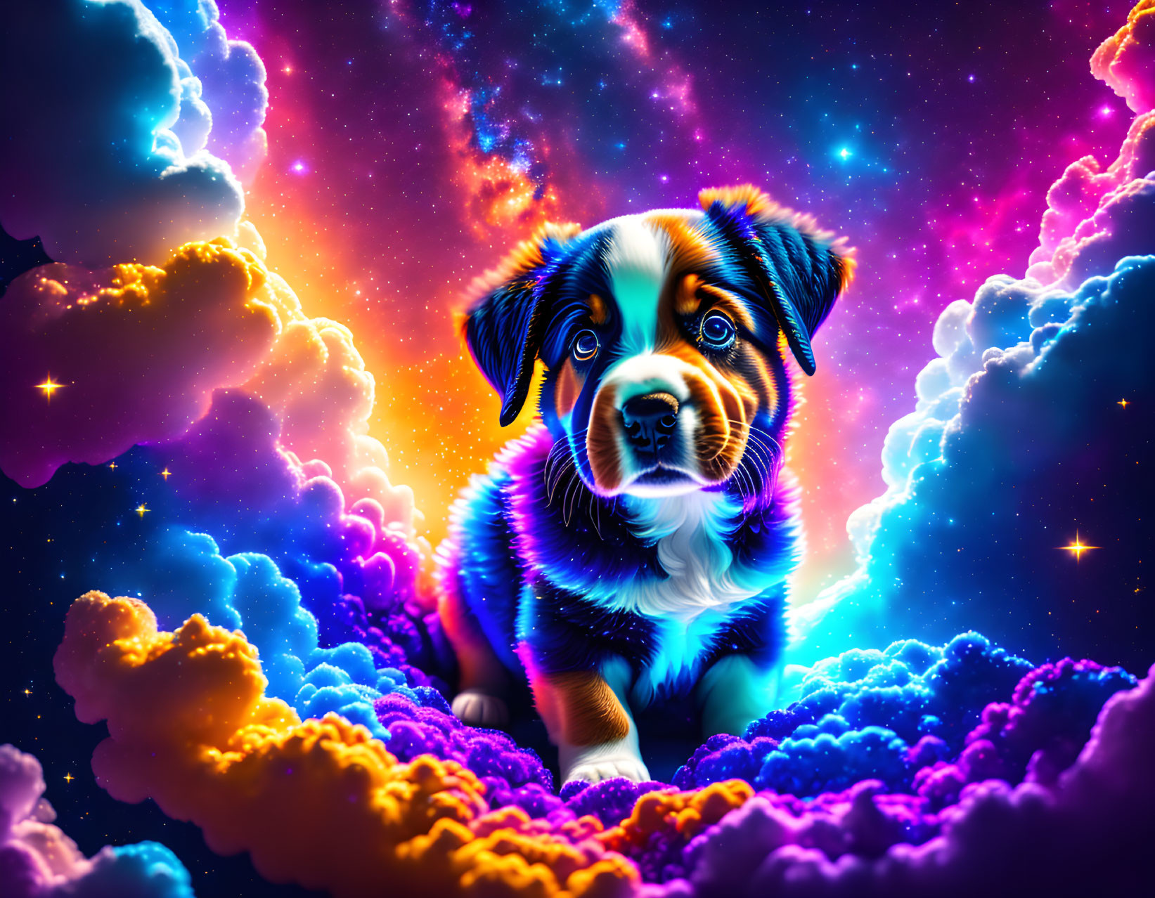 Colorful Digital Artwork: Cute Puppy with Blue Eyes in Cosmic Setting