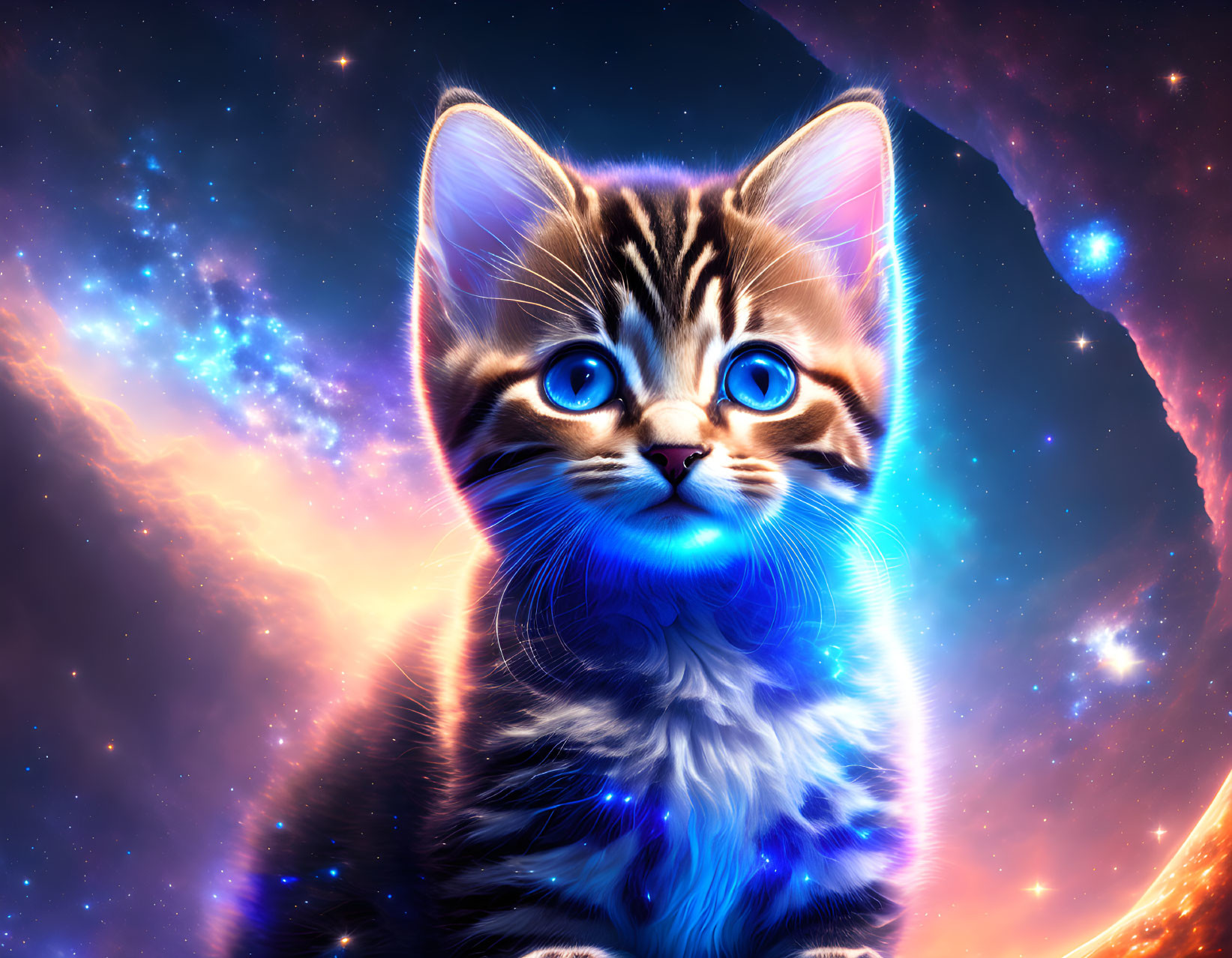 Cosmic-themed digital artwork of a kitten with blue eyes