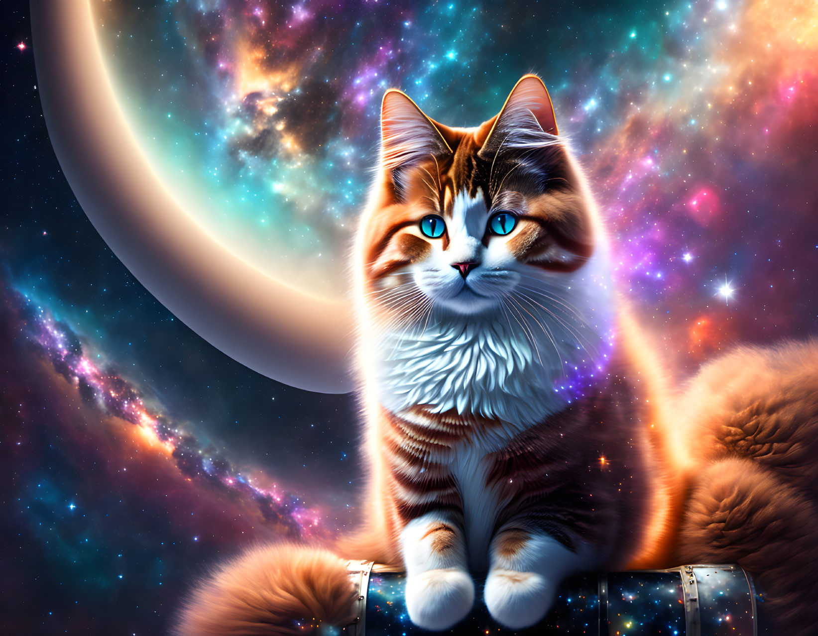 Blue-eyed cat on metallic surface with cosmic backdrop