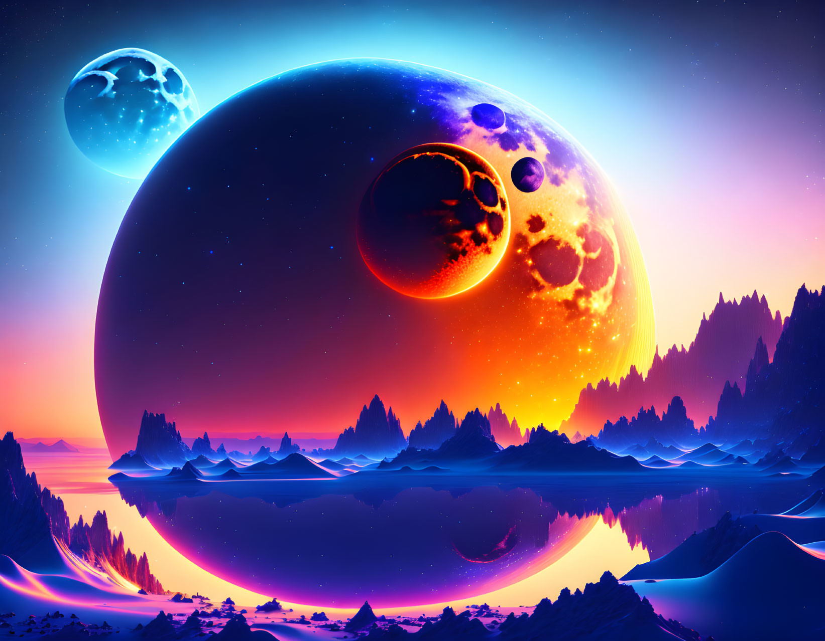 Colorful surreal landscape with large planets reflected in calm lake at dusk