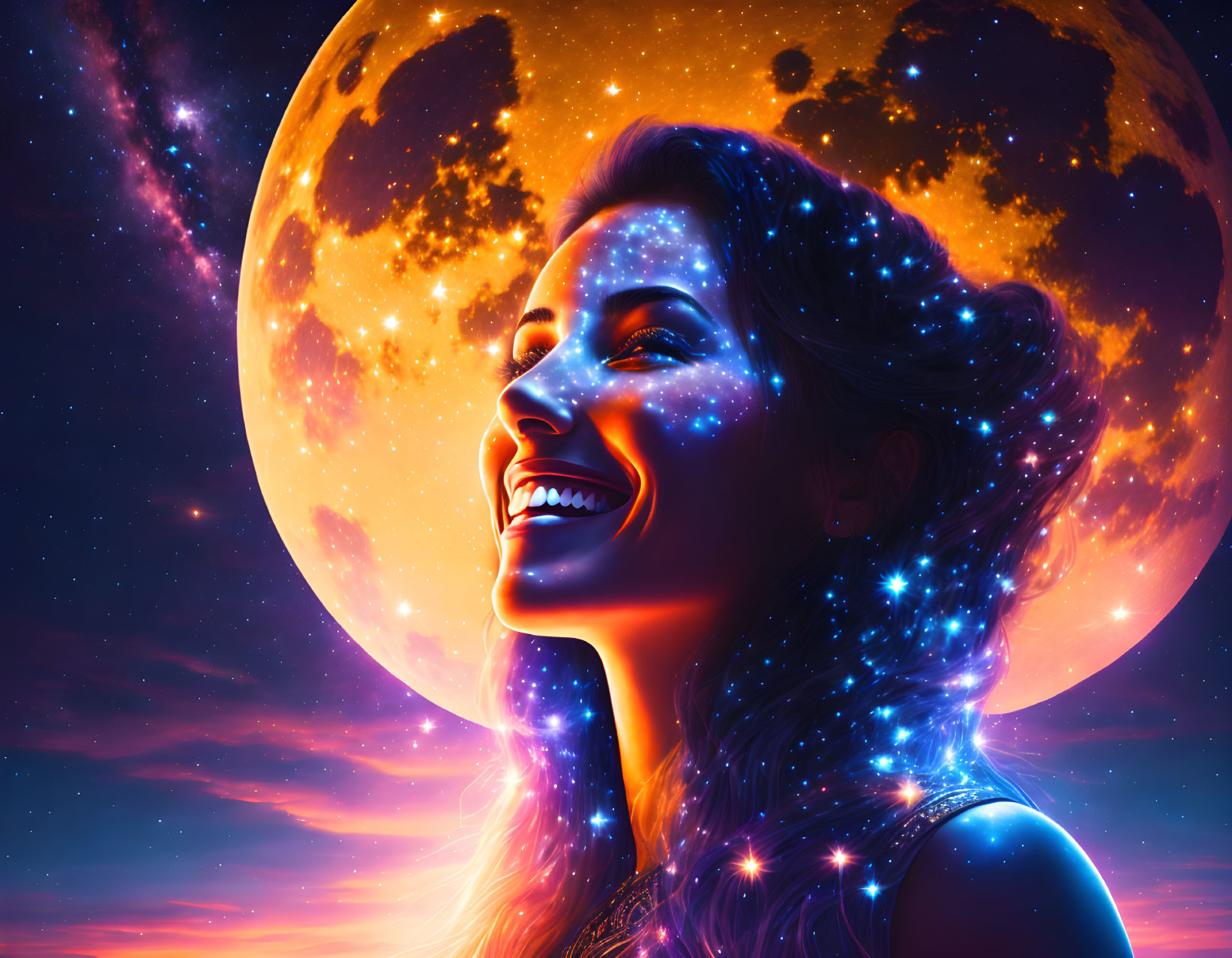 Woman with cosmic pattern smiles under starry sky and moon