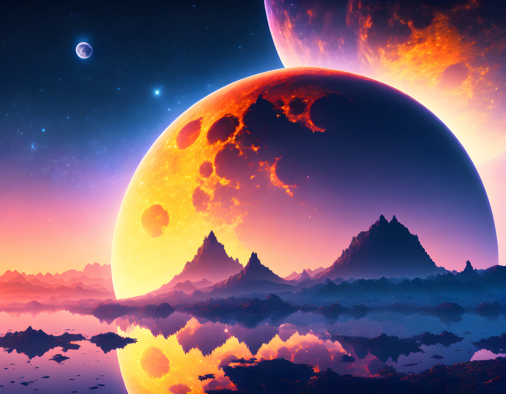 Vibrant sci-fi landscape with celestial bodies, starlit sky, reflecting surfaces, and rocky terrain