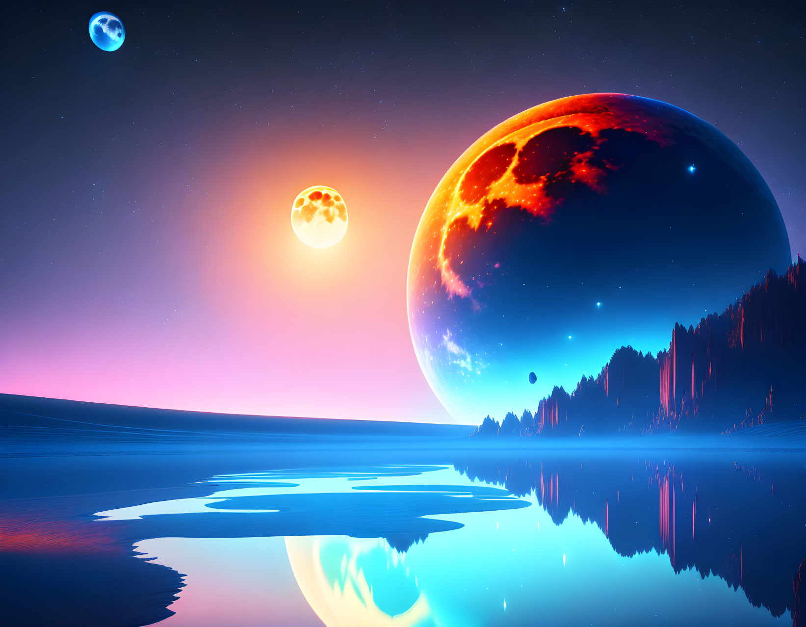 Surreal landscape art with multiple moons and colorful sky