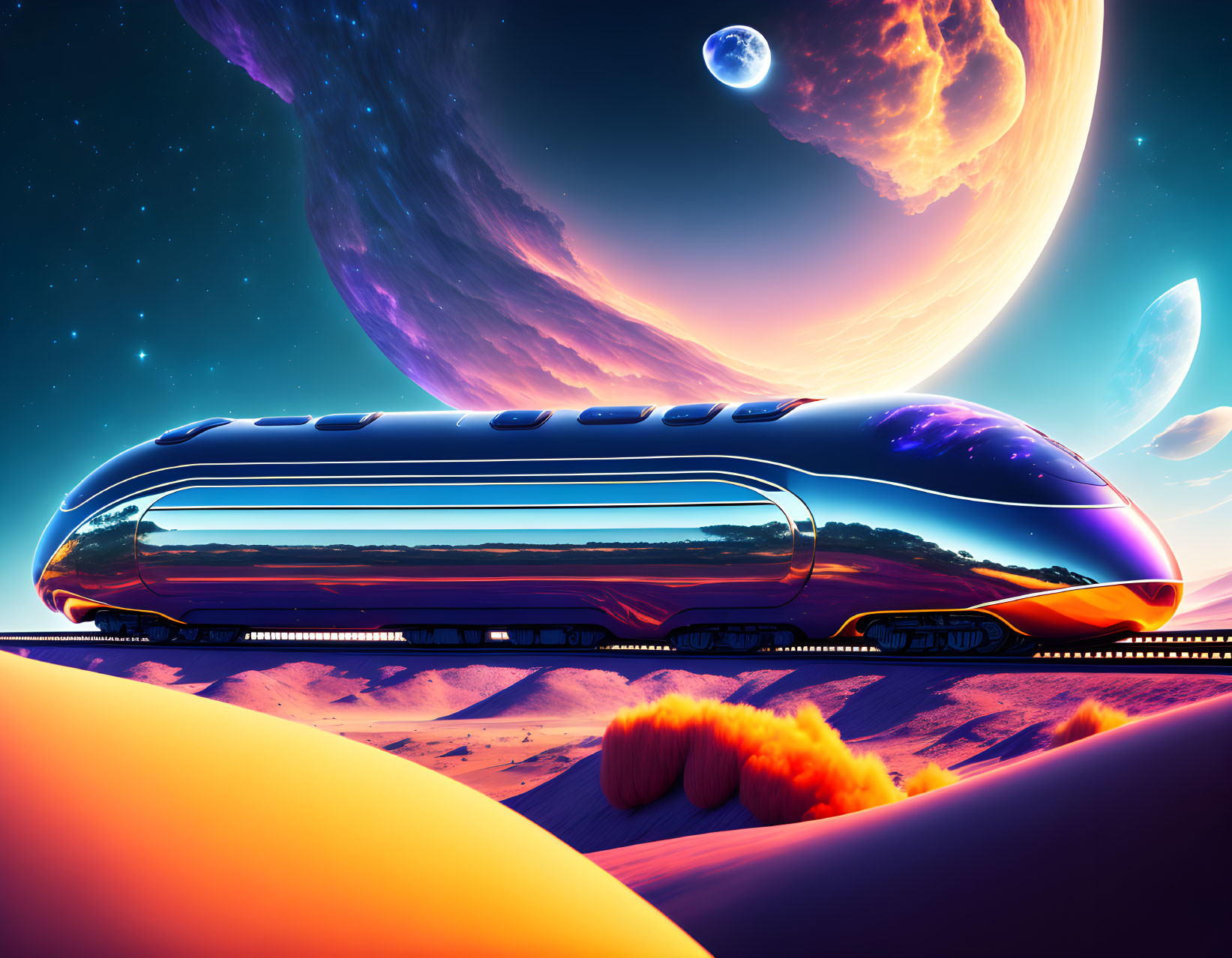 Futuristic train in desert landscape with celestial bodies at twilight