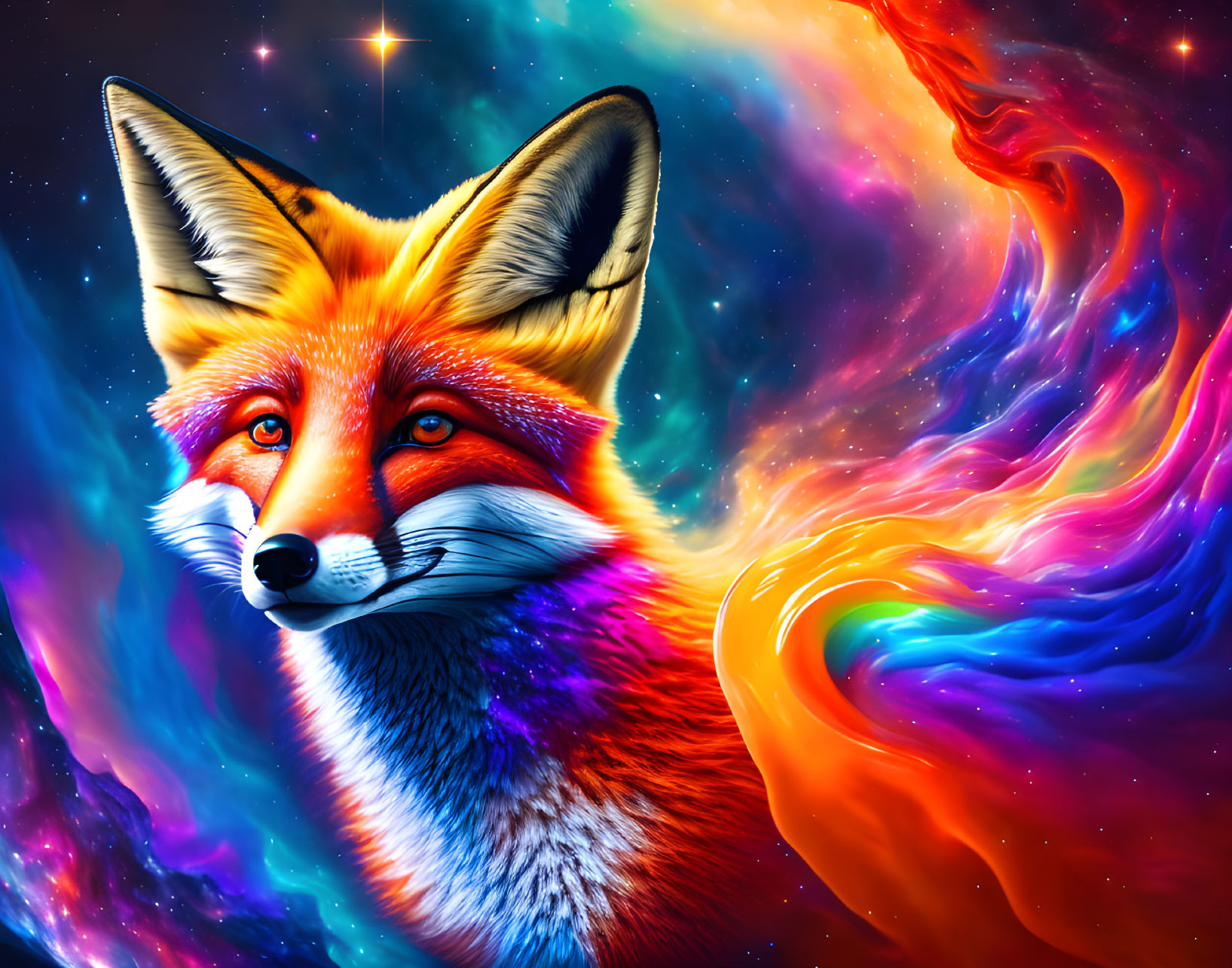 Colorful digital art: Red fox against cosmic nebula background