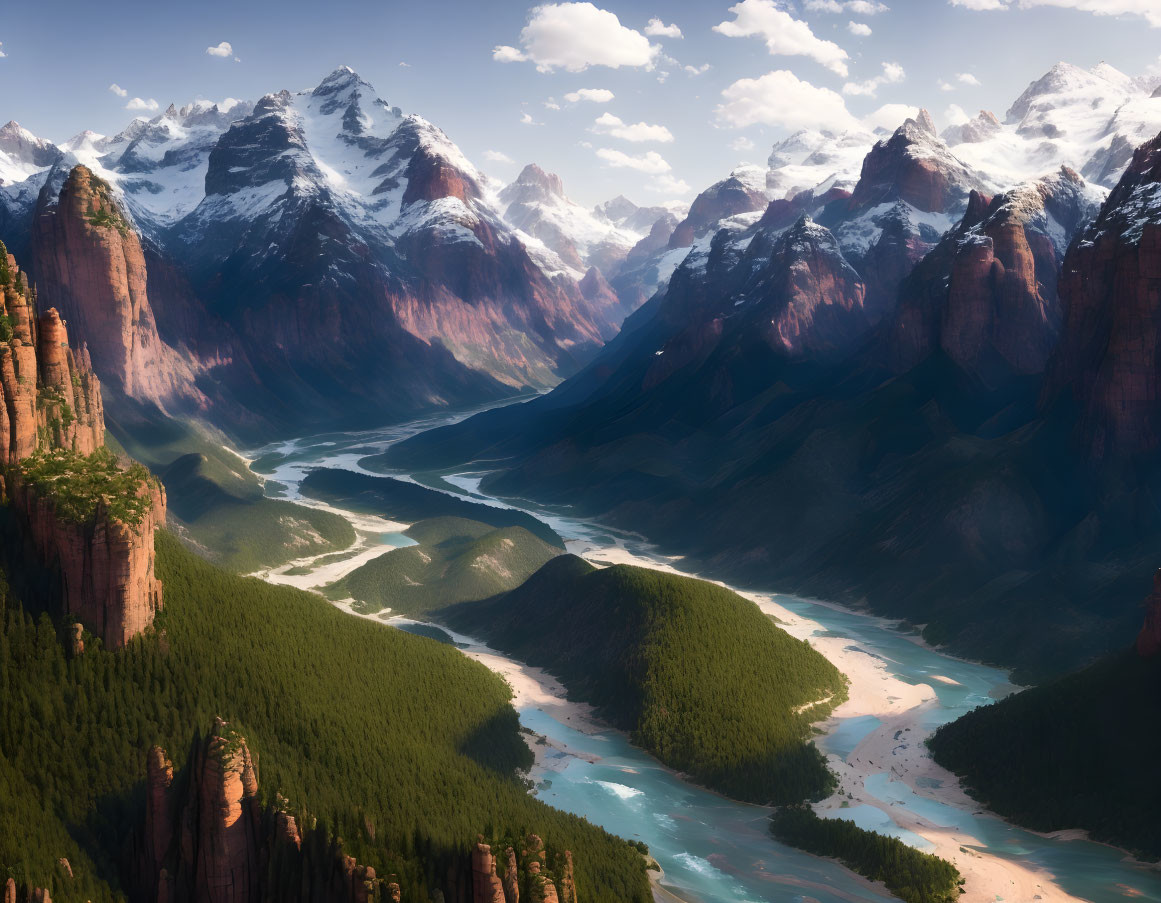 Snowy peaks and lush valleys in serene mountain landscape