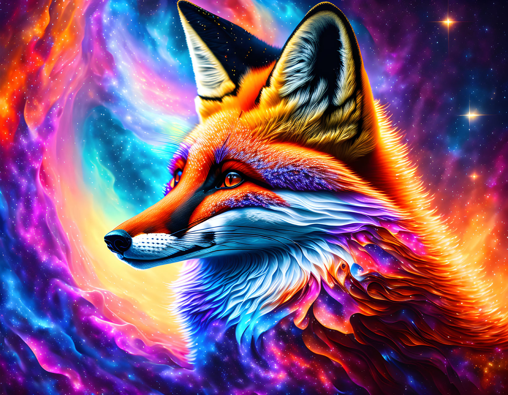 Colorful Fox Artwork with Cosmic Background