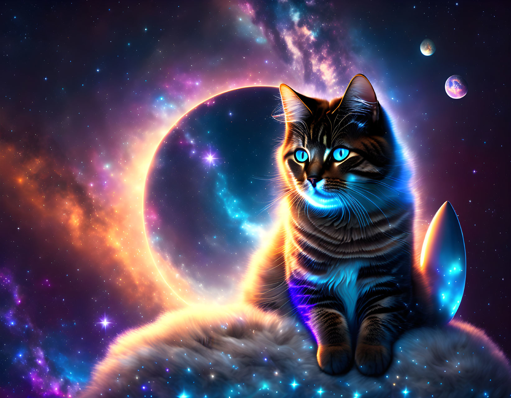 Tabby Cat with Glowing Stripes on Fluffy Cloud in Cosmic Setting