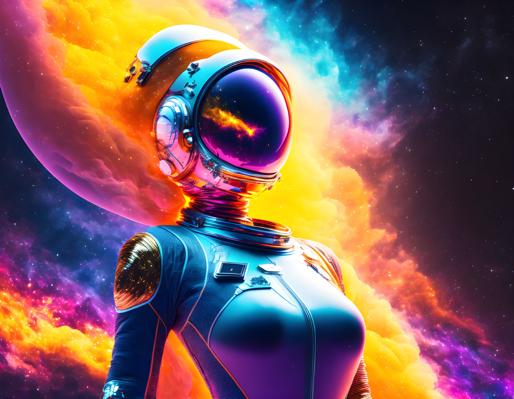 Reflective helmet astronaut in vibrant cosmic space