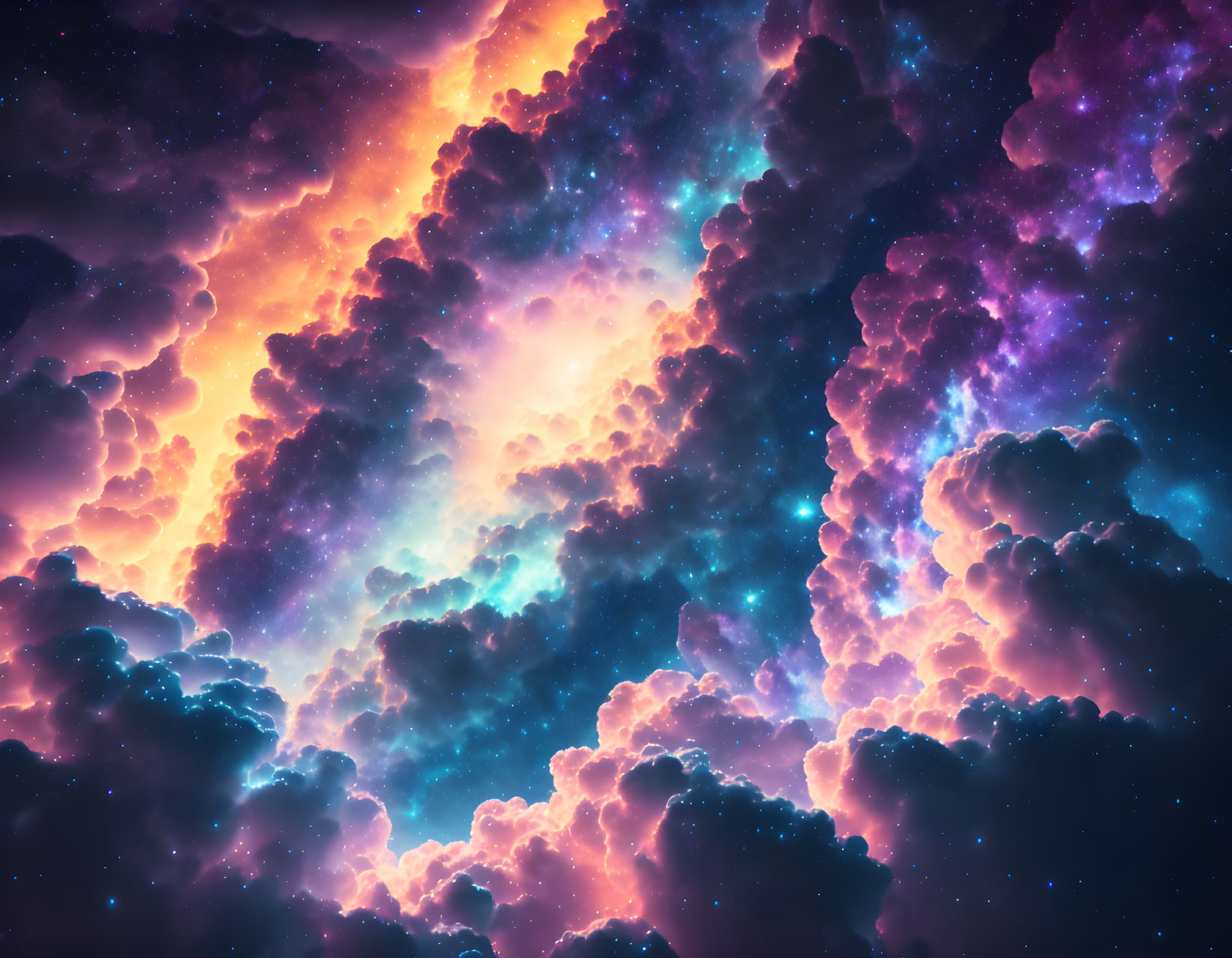 Colorful cosmic scene with stars and nebulous clouds in pink, blue, and purple