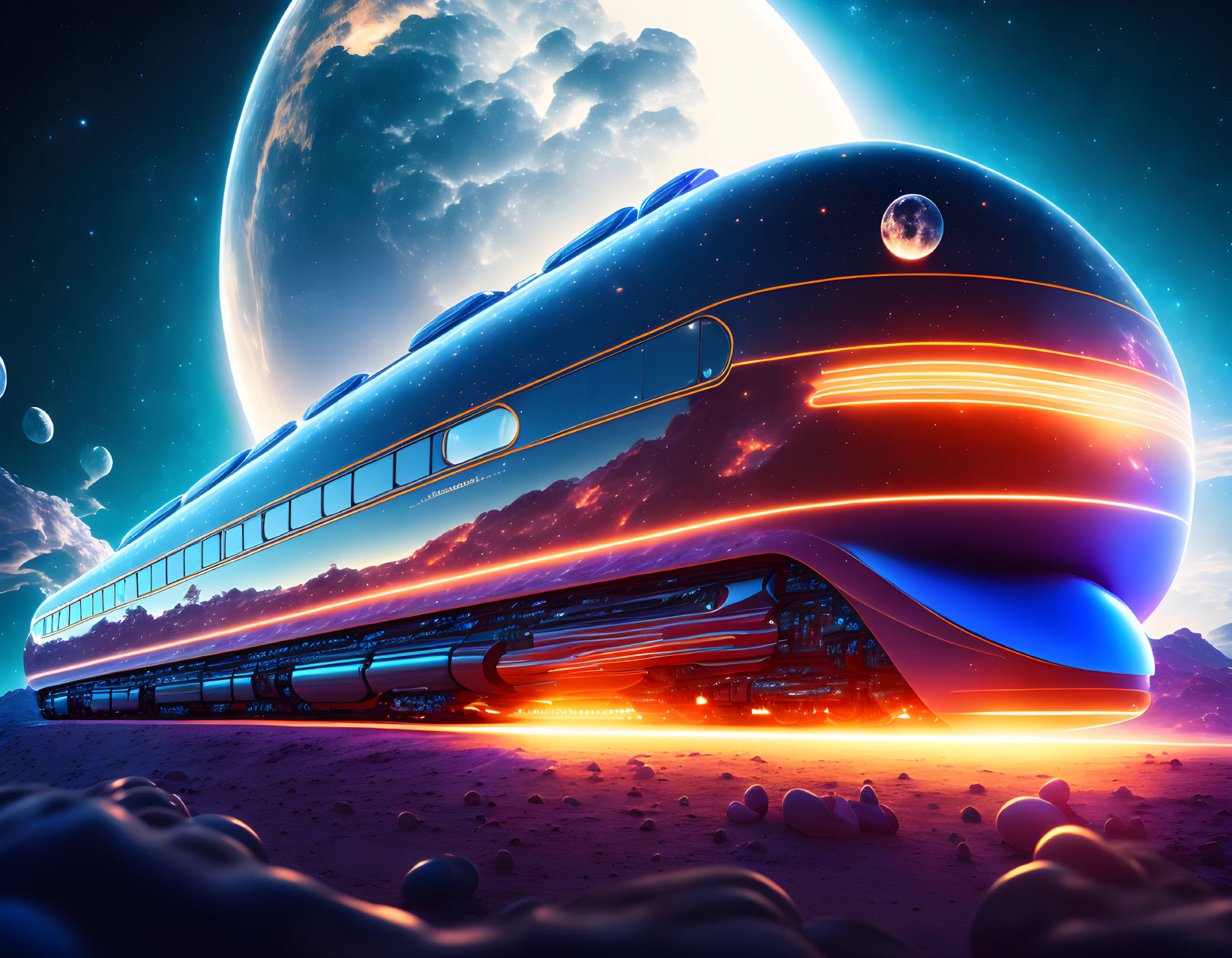 Futuristic train on alien planet with large moon and stars in twilight sky