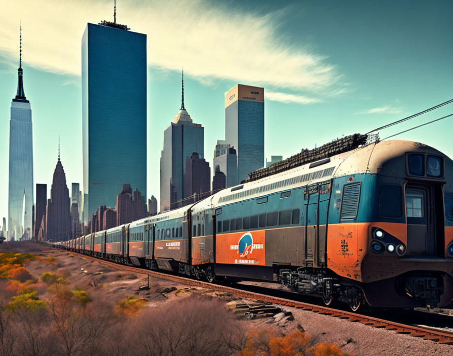 Orange and Blue Train on Tracks with Urban Skyline and Skyscrapers