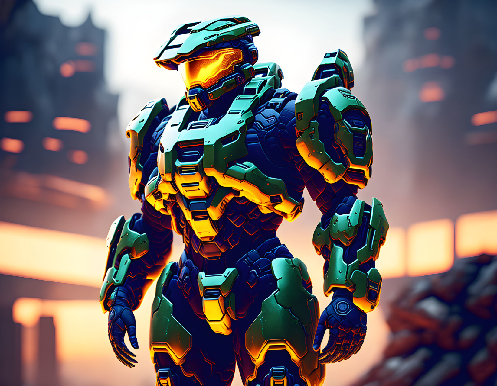 Futuristic armored soldier in blue and yellow suit against cityscape at dusk