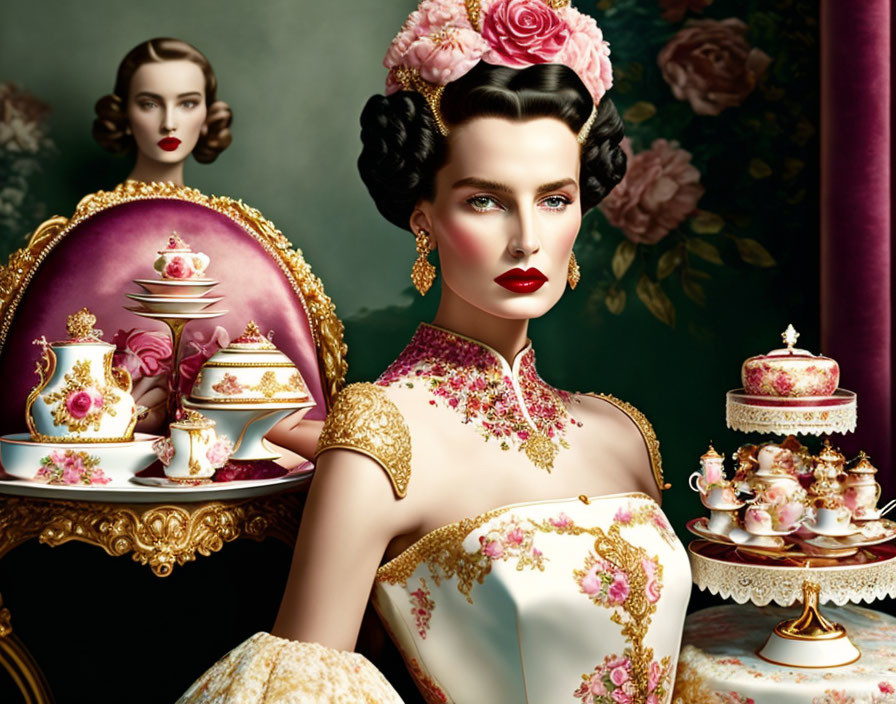 Elegant vintage-inspired image of a woman with ornate teaware and cakes