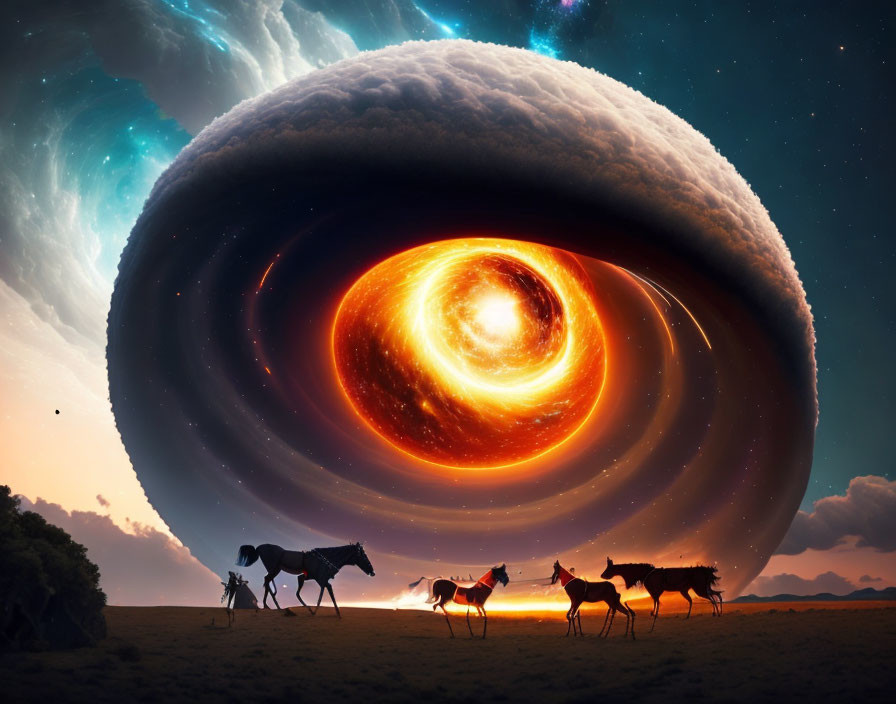 Horses walking under surreal sky with swirling galaxy and nebula