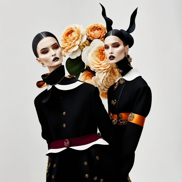 Avant-garde makeup and horned hairstyles on women in stylish black outfits with gold accents posing with