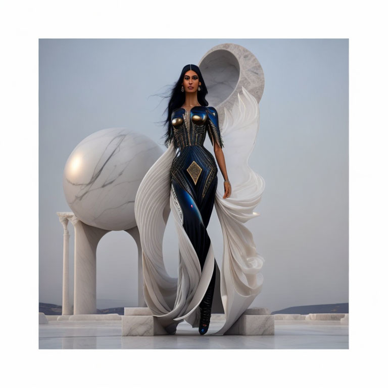 Elegant woman in black and white gown with abstract marble sculpture