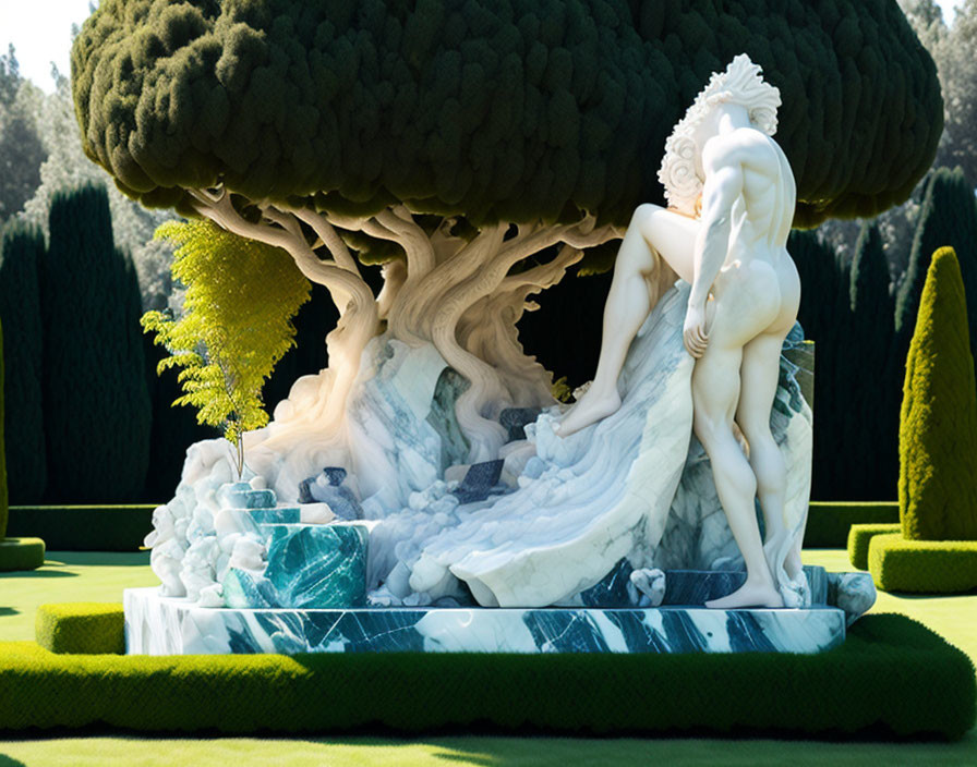 Marble sculpture of entwined figures under tree in manicured garden