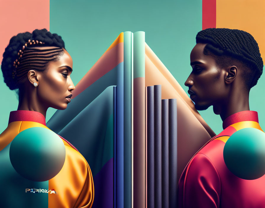 Colorfully dressed individuals in geometric backdrop with warm and cool hues.