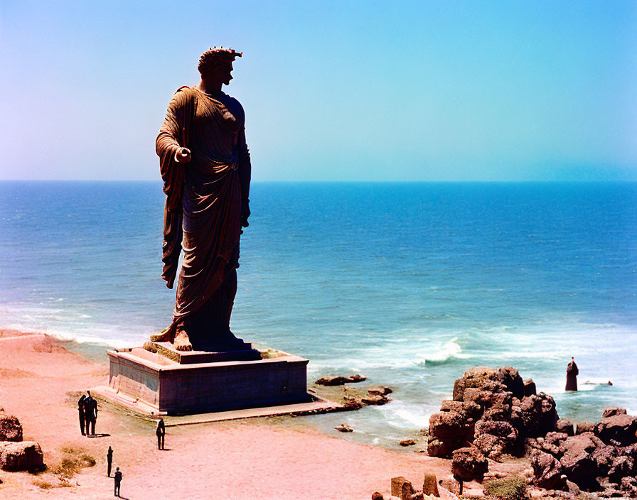 Gigantic classical statue on pedestal by sea shore with people nearby