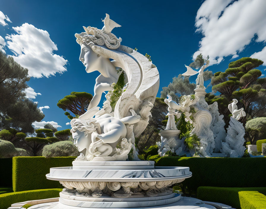 White Marble Sculpture of Classical Figures in Manicured Garden