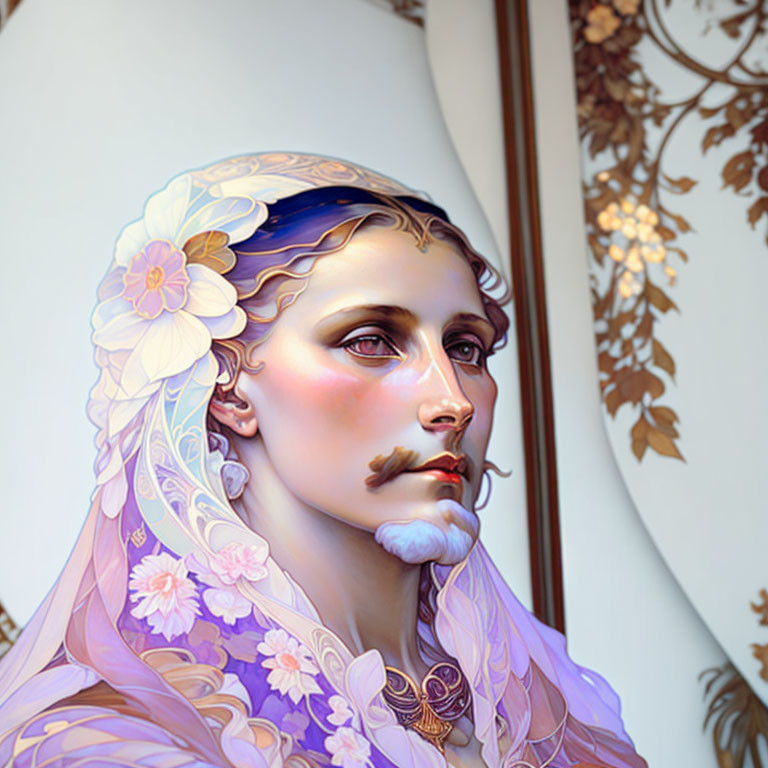 Digital artwork: Person with floral veil and intricate jewelry in realistic and stylized blend against ornate background