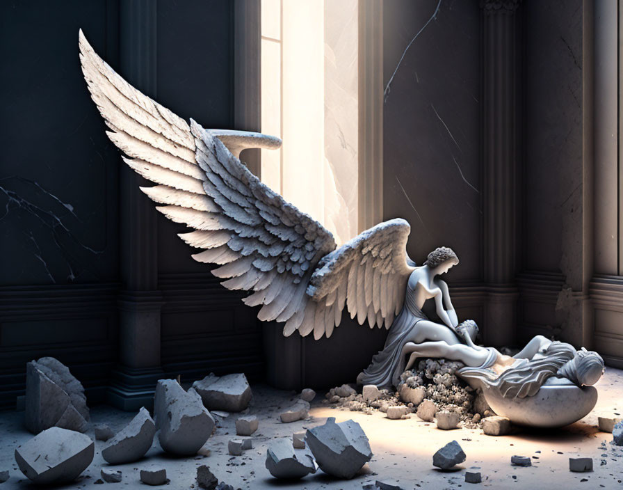 Detailed statue of angel with large wings in dilapidated classical building