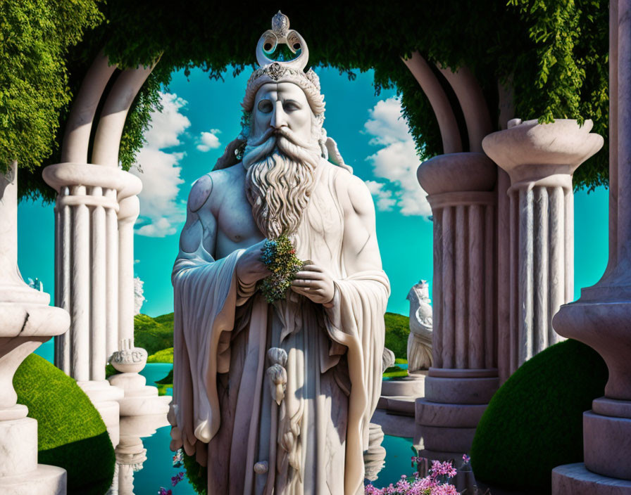 Elderly bearded man statue with crown and plant in classic garden