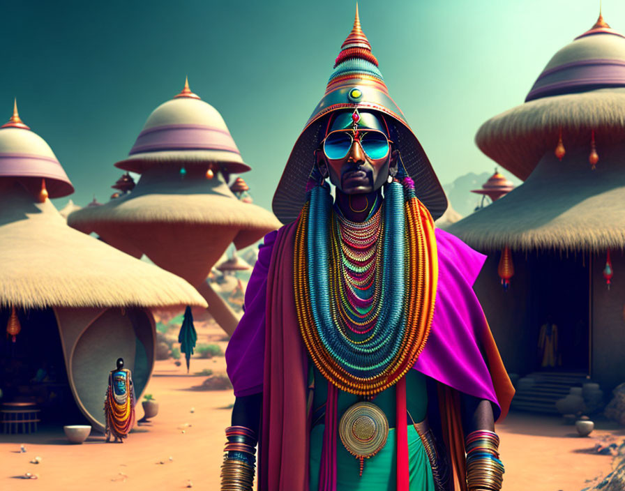 Colorful traditional attire person in desert village with huts and jewelry.