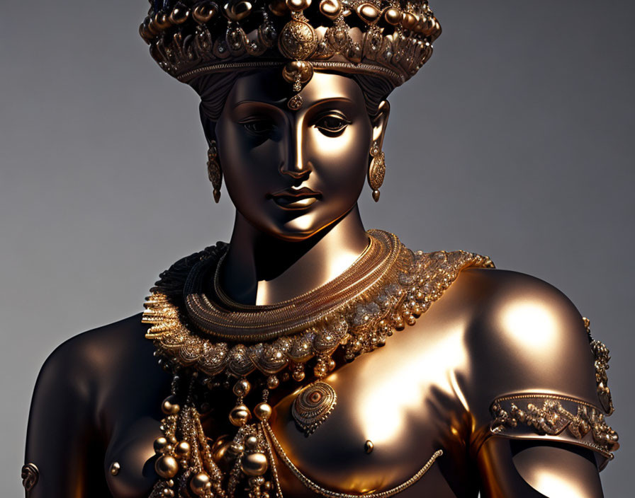 Golden statue of woman with intricate crown and jewelry in serene expression