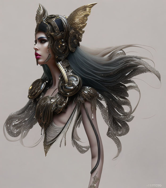 Digital portrait of woman with elaborate metallic headgear and armor and wing-like extensions