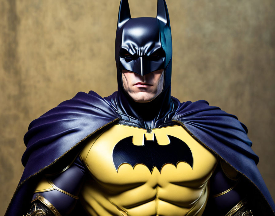 Elaborate Batman costume with bat emblem, cowl, and cape on golden background