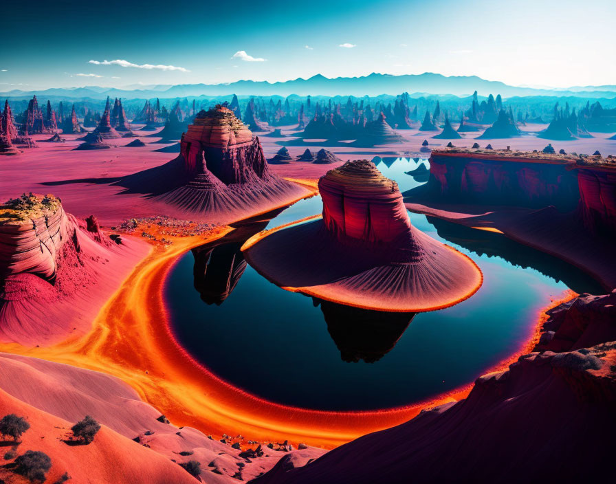 Colorful desert scene with rock formations, water reflection, and mountain backdrop.