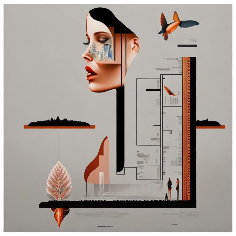 Surreal abstract art: Woman's profile with architecture, birds, and nature.