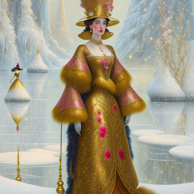 Elegant woman in gold gown with floral accents in snowy scene