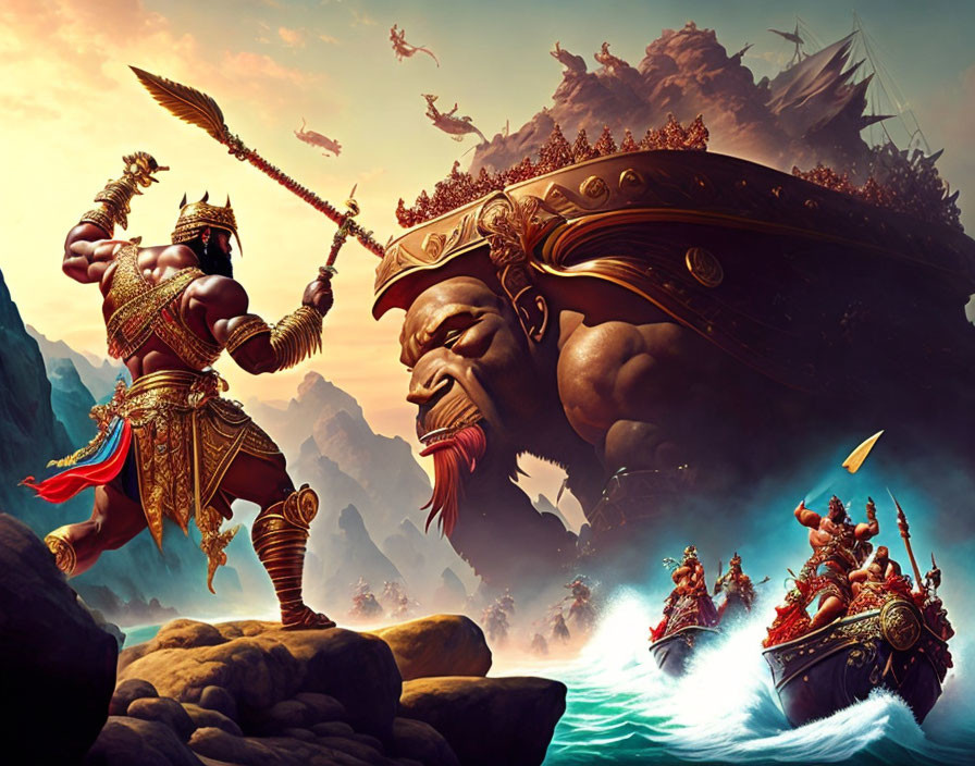 Warrior in ornate armor battles massive figures on ships in turbulent seas