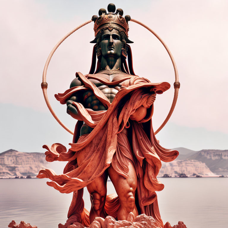 Muscular warrior statue in red cape with crown and circular structure on serene landscape