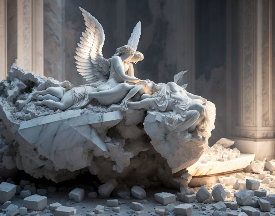 Marble sculpture of angel with wings embracing figures in rubble, classical architecture in background