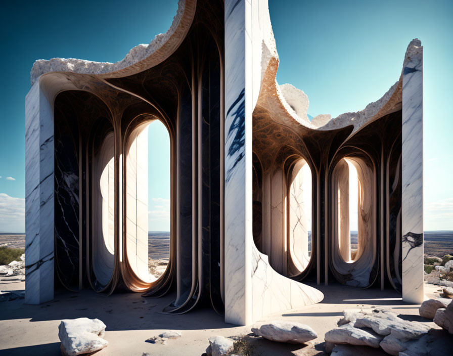 Marble-like arch structures in a surreal desert landscape