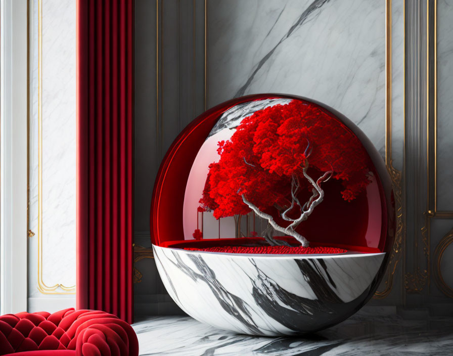 Vibrant red bonsai tree in glossy spherical vase on marble backdrop.