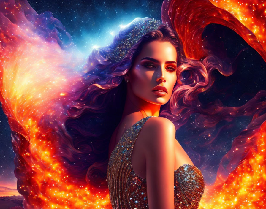 Cosmic digital artwork of woman with flowing hair