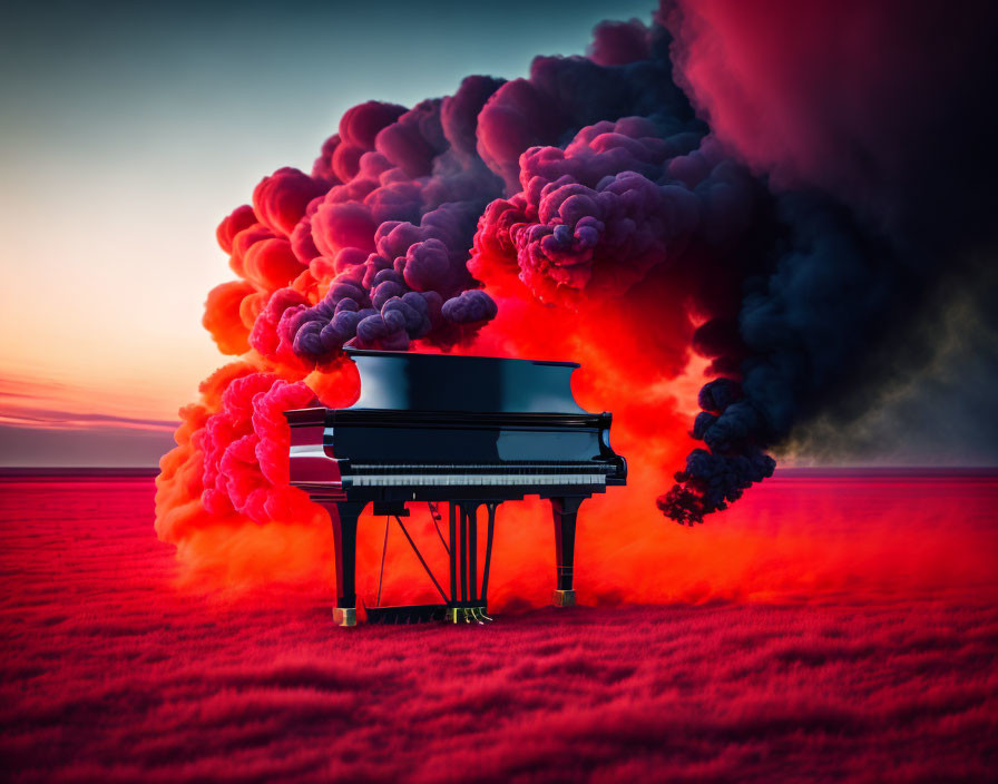 Grand Piano in Red Smoke Clouds on Crimson Plain at Dusk